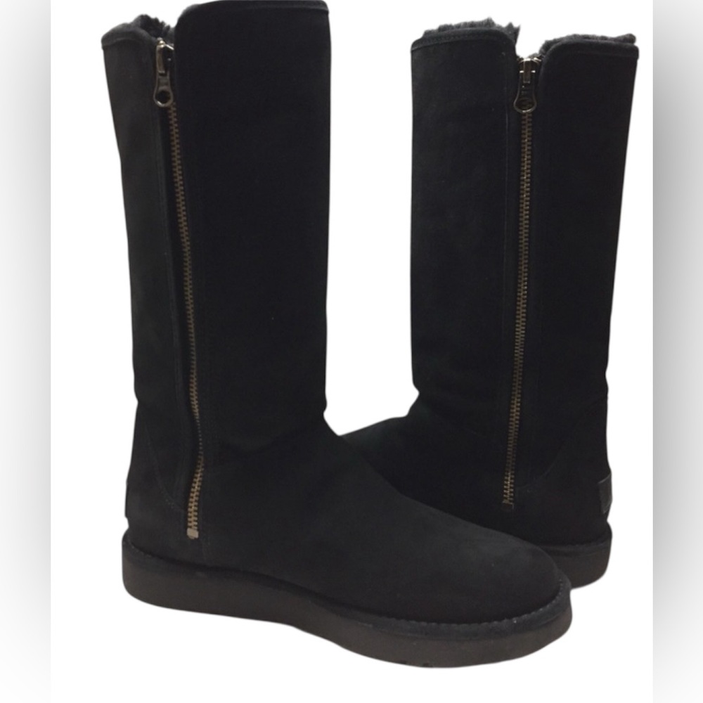 UGG Abree II Tall Black Sherpa Lined Side Zip Slim Profile Boots- Women’s Size 8